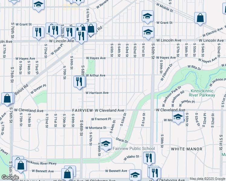map of restaurants, bars, coffee shops, grocery stores, and more near 2574 South 65th Street in Milwaukee