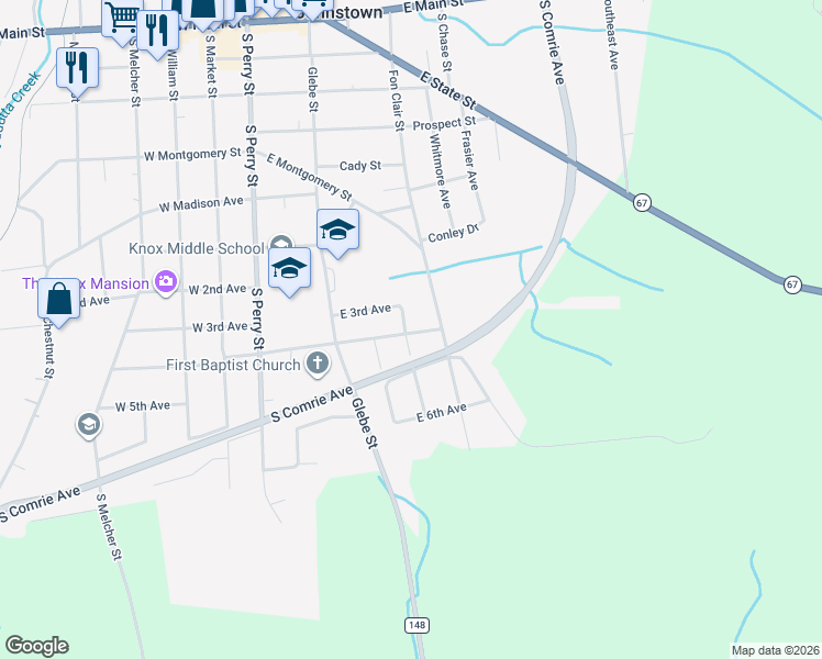 map of restaurants, bars, coffee shops, grocery stores, and more near 12 McKinley Avenue in Johnstown