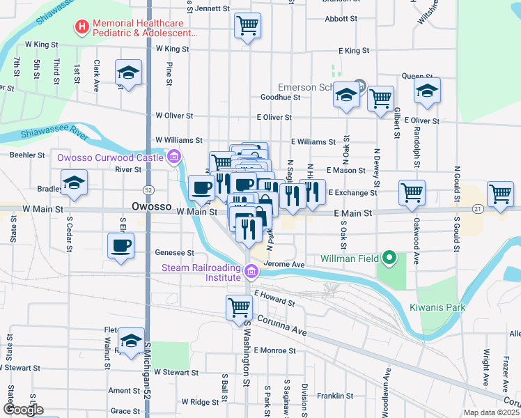 map of restaurants, bars, coffee shops, grocery stores, and more near 124 East Main Street in Owosso