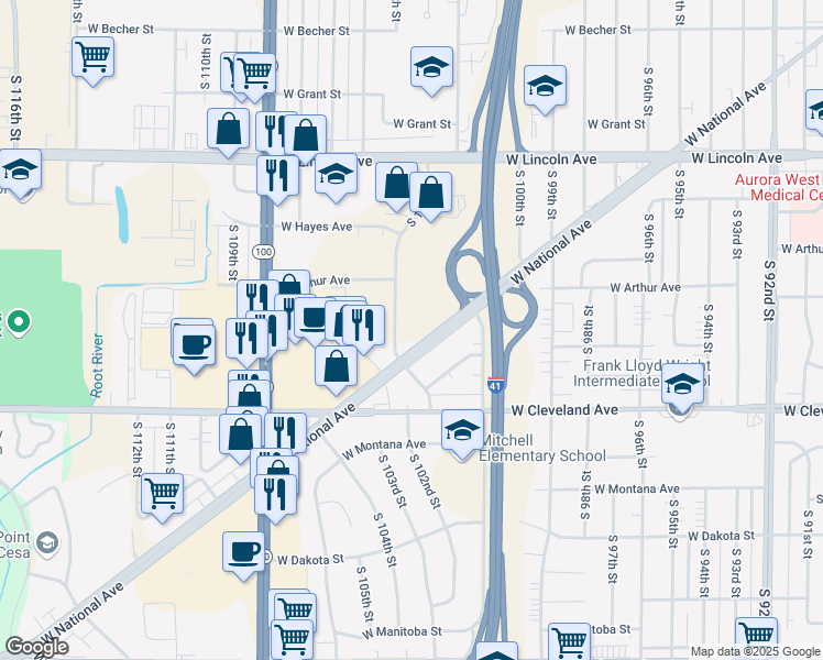 map of restaurants, bars, coffee shops, grocery stores, and more near 10150 West National Avenue in West Allis