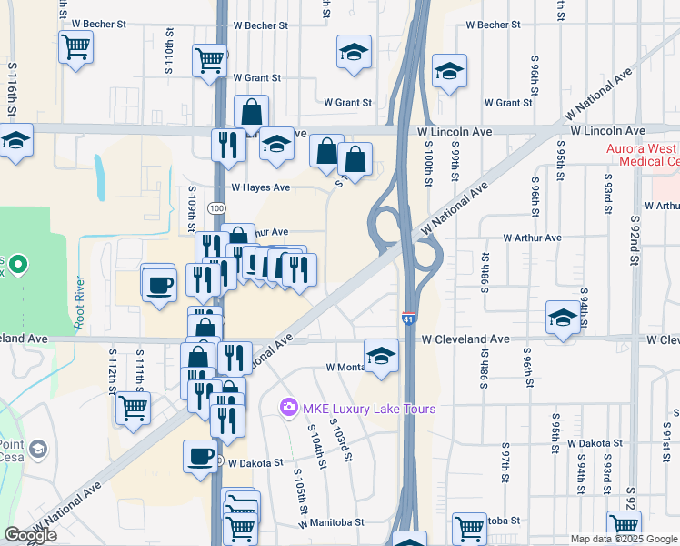 map of restaurants, bars, coffee shops, grocery stores, and more near 10150 West National Avenue in Milwaukee