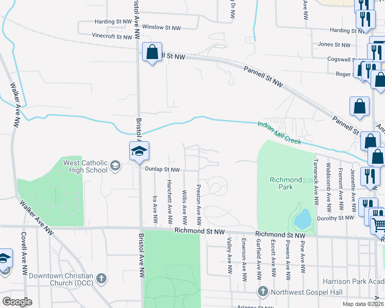 map of restaurants, bars, coffee shops, grocery stores, and more near 1422 Preston Ridge Street Northwest in Grand Rapids
