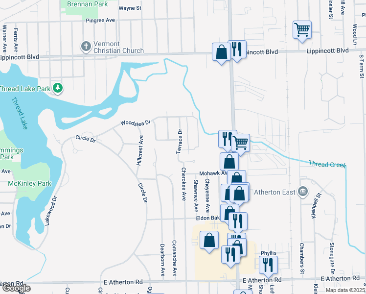 map of restaurants, bars, coffee shops, grocery stores, and more near 2709 Terrace Drive in Flint