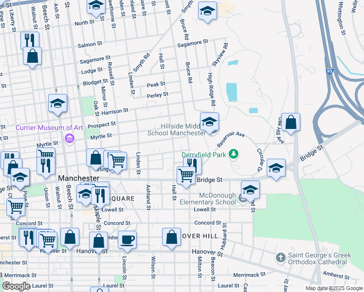 map of restaurants, bars, coffee shops, grocery stores, and more near 771 Belmont Street in Manchester