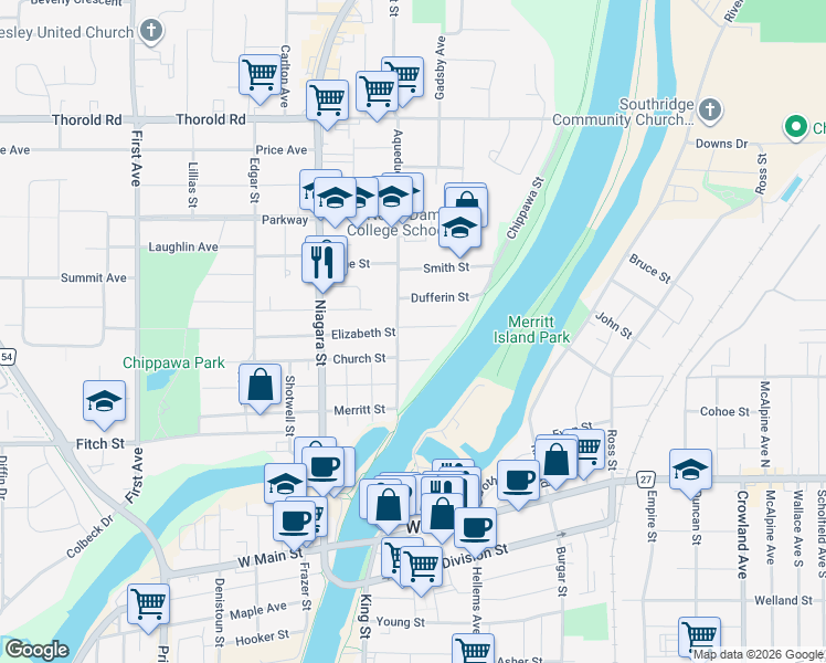 map of restaurants, bars, coffee shops, grocery stores, and more near 72 Aqueduct Street in Welland