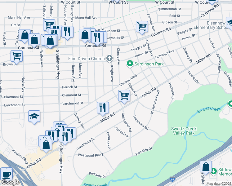 map of restaurants, bars, coffee shops, grocery stores, and more near 2902 Brandon Street in Flint