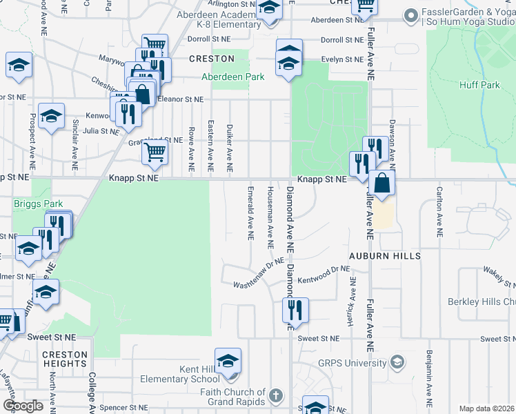 map of restaurants, bars, coffee shops, grocery stores, and more near 1912 Emerald Avenue Northeast in Grand Rapids
