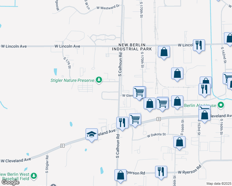 map of restaurants, bars, coffee shops, grocery stores, and more near 2600 South Calhoun Road in New Berlin