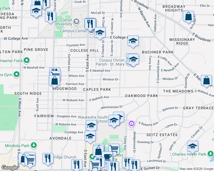 map of restaurants, bars, coffee shops, grocery stores, and more near 310 Oxford Road in Waukesha