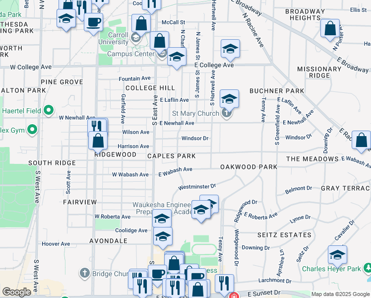 map of restaurants, bars, coffee shops, grocery stores, and more near 310 Oxford Road in Waukesha