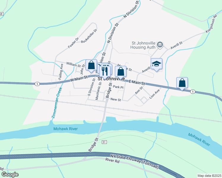 map of restaurants, bars, coffee shops, grocery stores, and more near 23 Bridge Street in Saint Johnsville