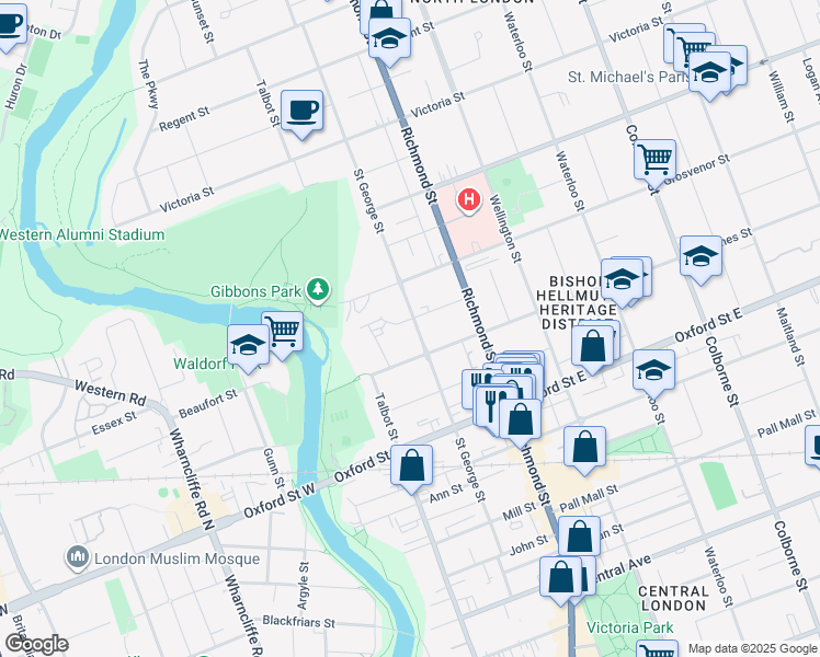 map of restaurants, bars, coffee shops, grocery stores, and more near 291 Saint George Street in London