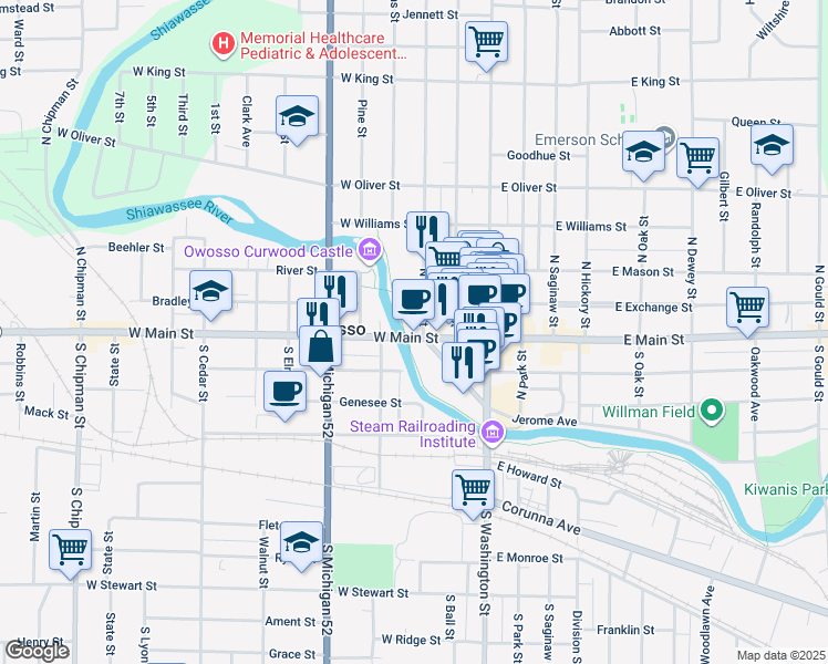 map of restaurants, bars, coffee shops, grocery stores, and more near 310 West Main Street in Owosso