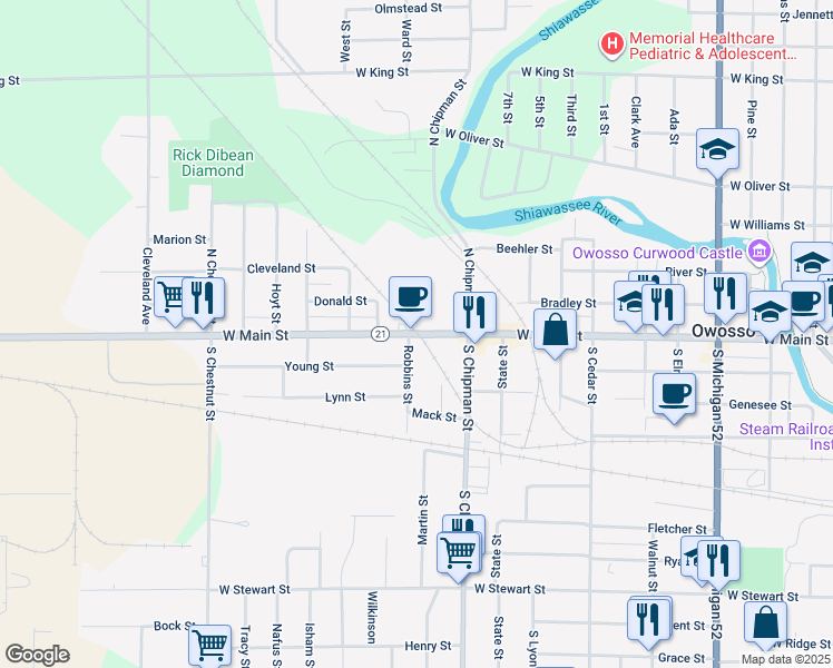 map of restaurants, bars, coffee shops, grocery stores, and more near West Main Street in Owosso