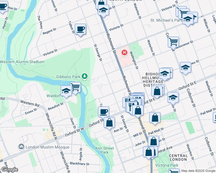 map of restaurants, bars, coffee shops, grocery stores, and more near 291 Saint George Street in London