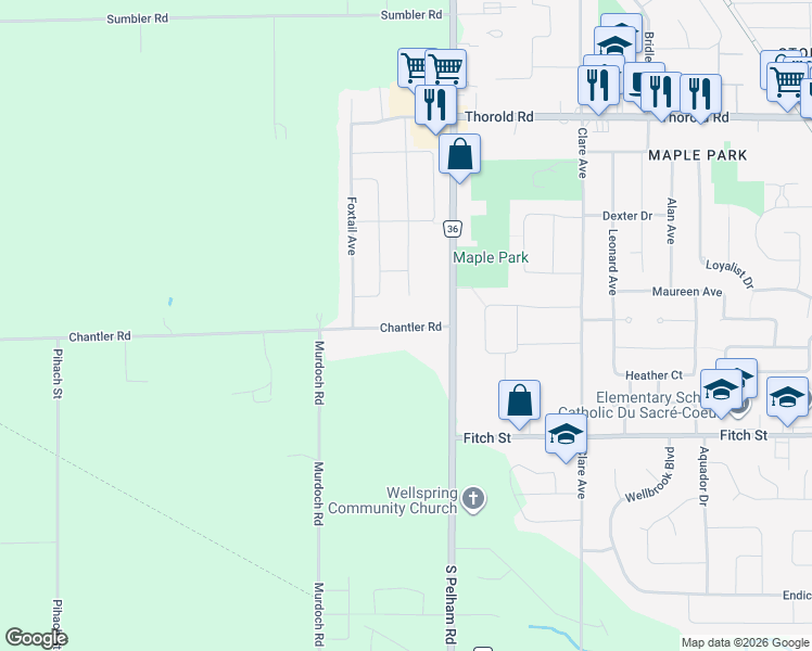 map of restaurants, bars, coffee shops, grocery stores, and more near 27 Chantler Road in Welland
