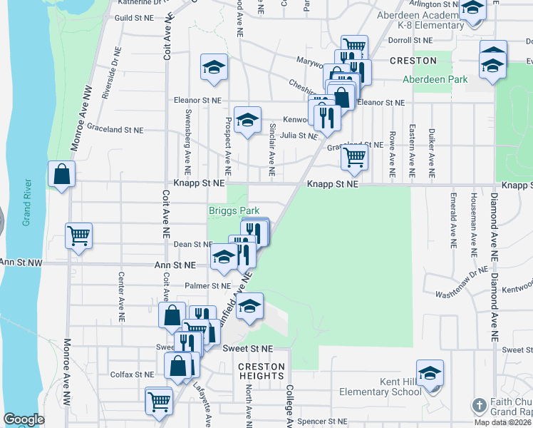 map of restaurants, bars, coffee shops, grocery stores, and more near 417 Hoover Street Northeast in Grand Rapids