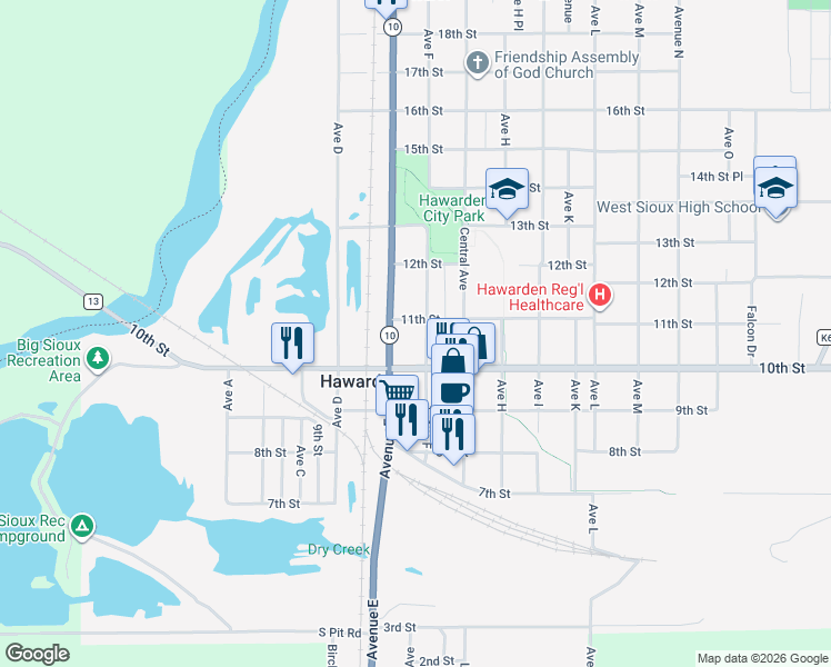 map of restaurants, bars, coffee shops, grocery stores, and more near 1017 Avenue F in Hawarden