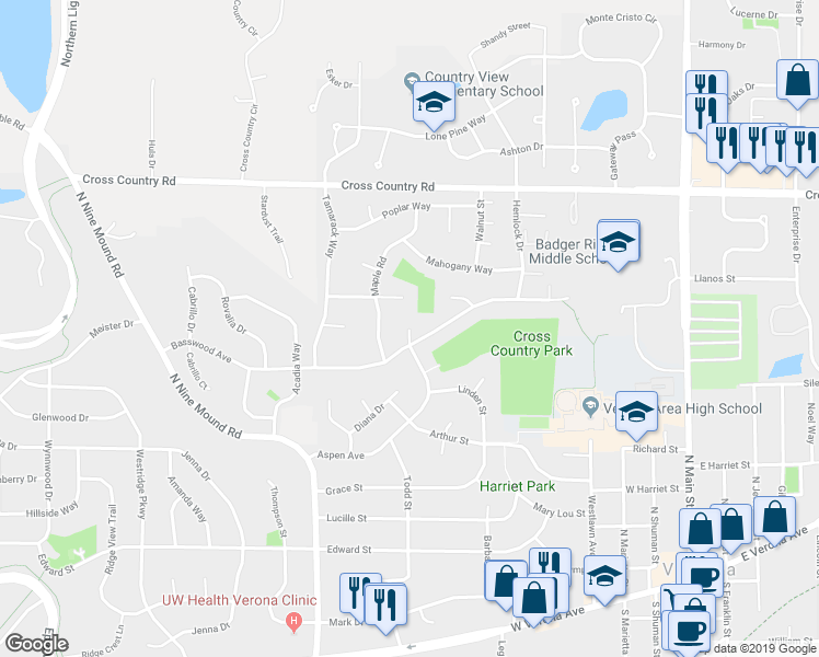 map of restaurants, bars, coffee shops, grocery stores, and more near 698 Birch Court in Verona