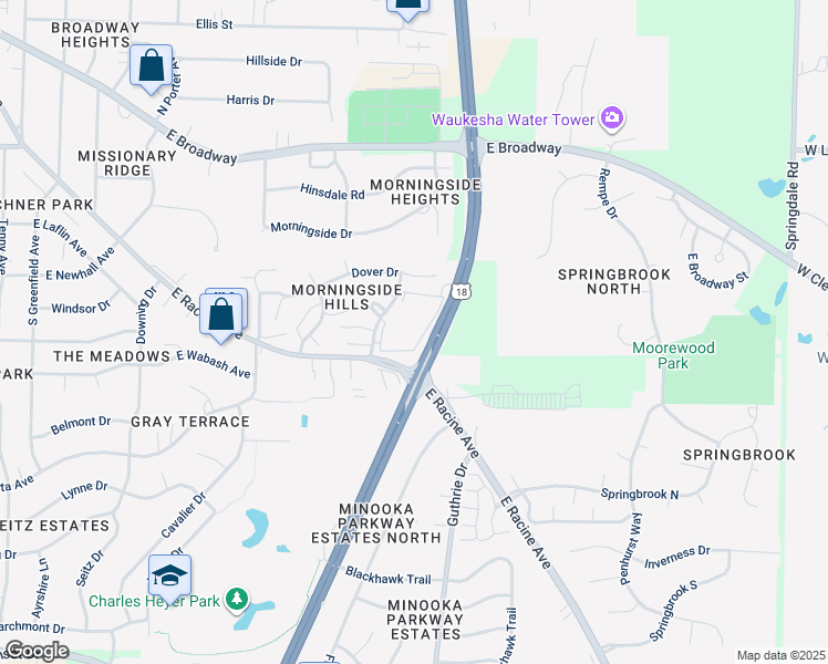 map of restaurants, bars, coffee shops, grocery stores, and more near 409 Sheffield Road in Waukesha