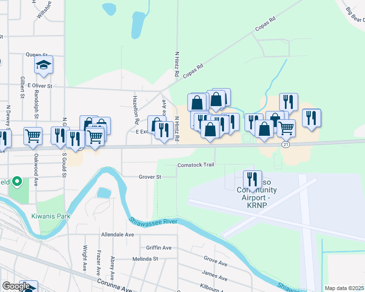 map of restaurants, bars, coffee shops, grocery stores, and more near 1315 East Main Street in Owosso