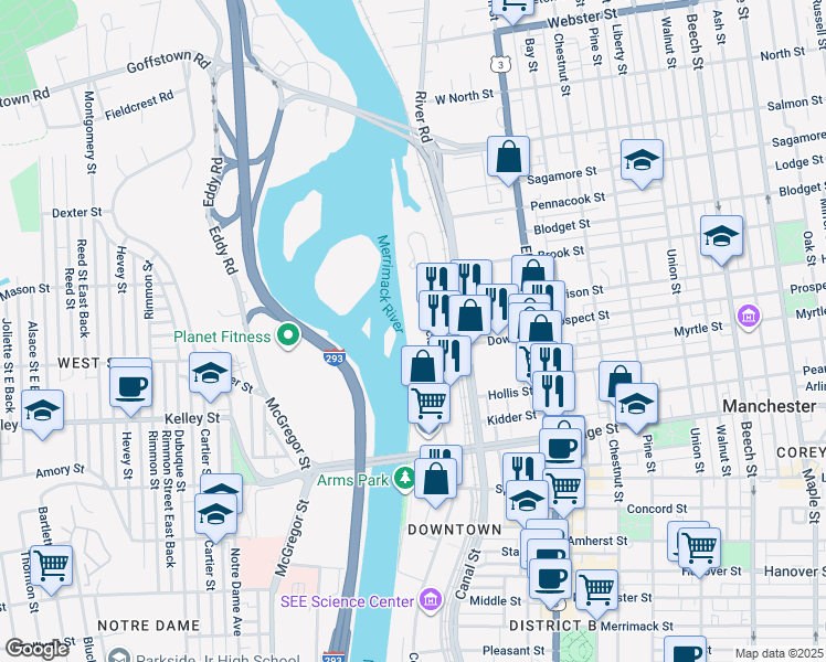 map of restaurants, bars, coffee shops, grocery stores, and more near 670 North Commercial Street in Manchester