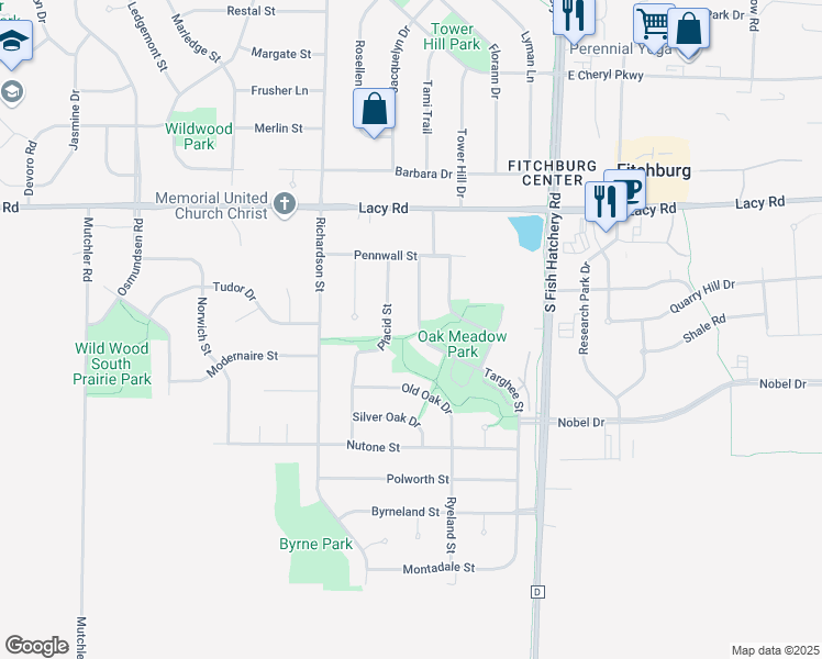 map of restaurants, bars, coffee shops, grocery stores, and more near 2628 Targhee Street in Fitchburg