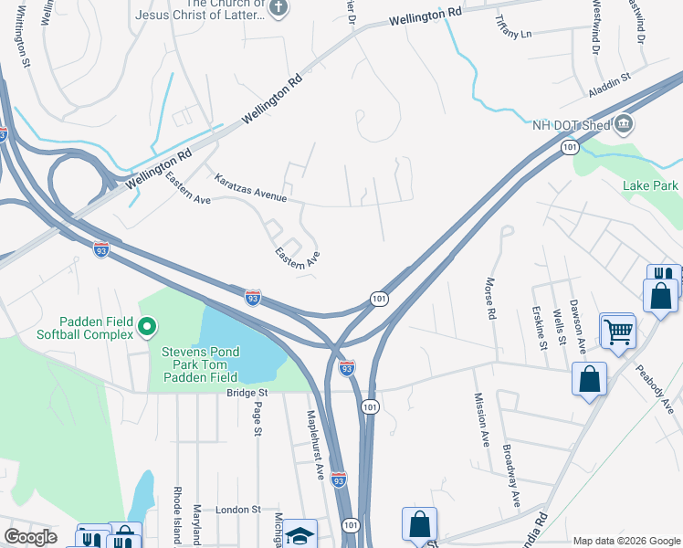 map of restaurants, bars, coffee shops, grocery stores, and more near 175 Eastern Avenue in Manchester
