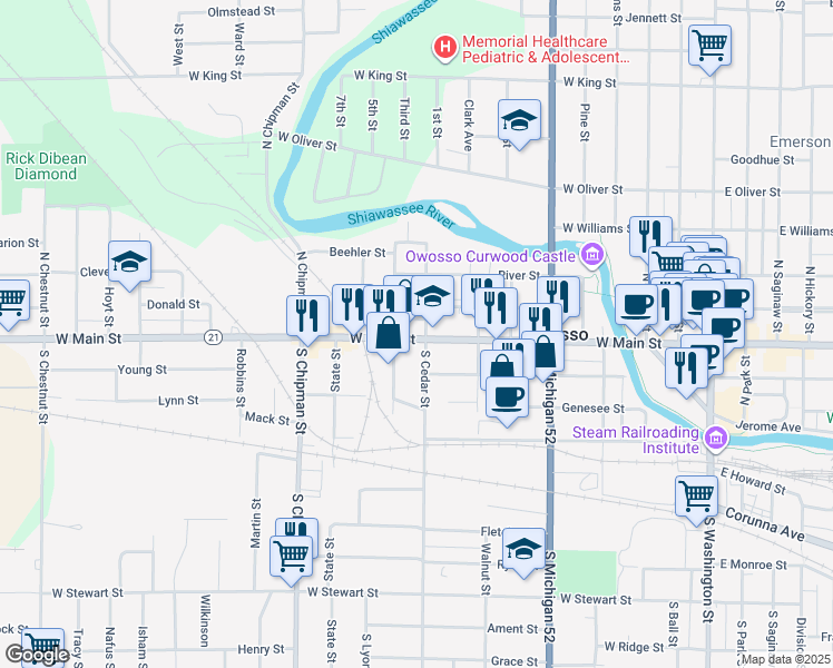 map of restaurants, bars, coffee shops, grocery stores, and more near 737 West Main Street in Owosso