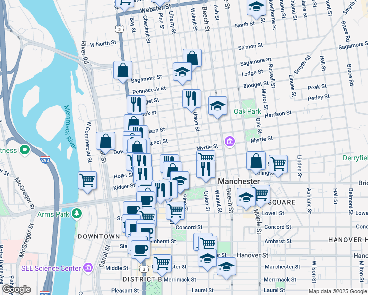 map of restaurants, bars, coffee shops, grocery stores, and more near 113 Myrtle Street in Manchester