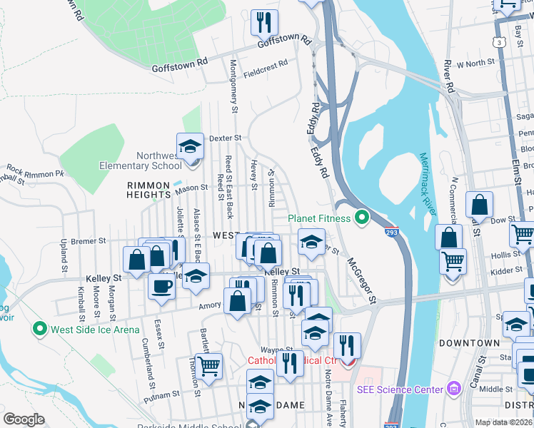 map of restaurants, bars, coffee shops, grocery stores, and more near 661 Hevey Street in Manchester