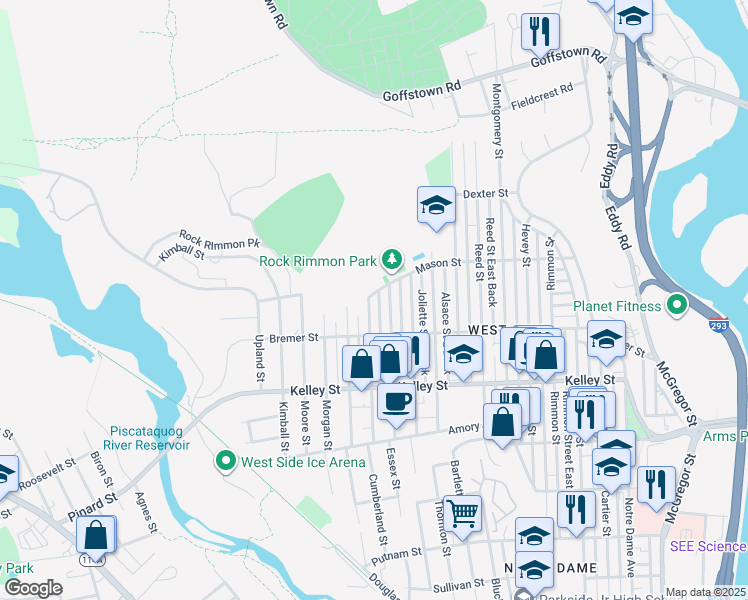 map of restaurants, bars, coffee shops, grocery stores, and more near 228 Boutwell Street in Manchester