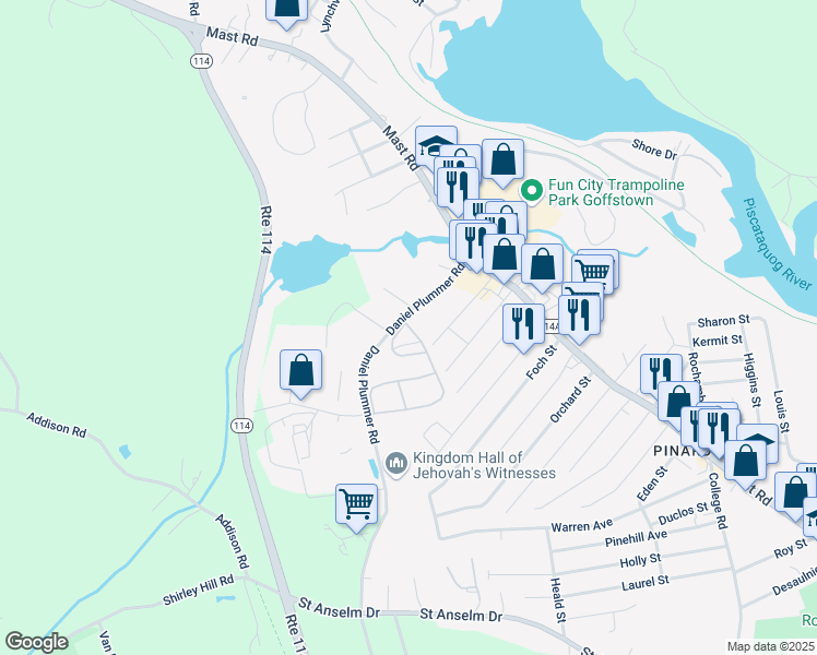 map of restaurants, bars, coffee shops, grocery stores, and more near 14 Oakwood Circle in Goffstown