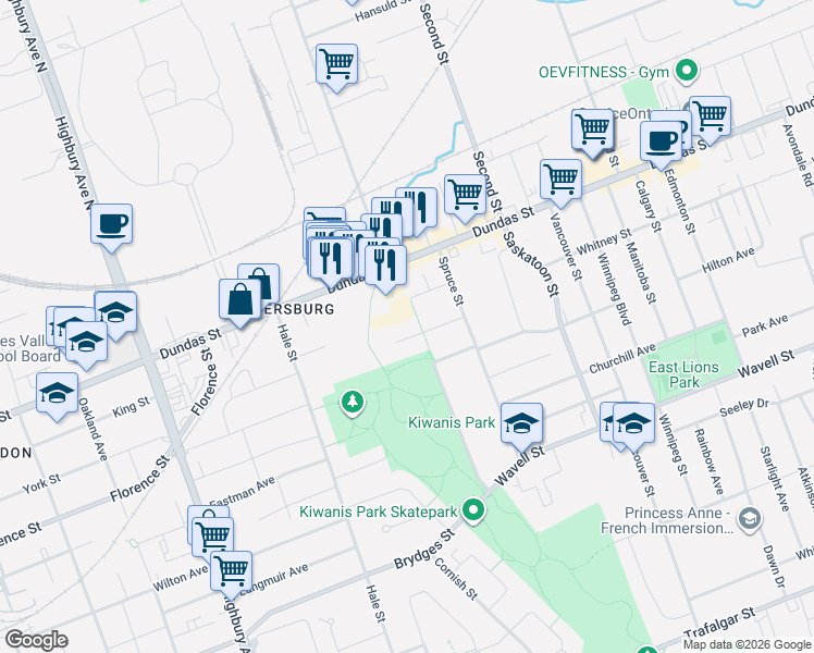 map of restaurants, bars, coffee shops, grocery stores, and more near 1566 Allen Place in London
