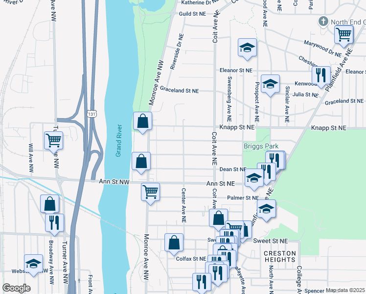 map of restaurants, bars, coffee shops, grocery stores, and more near 25 Burr Oak Street Northeast in Grand Rapids
