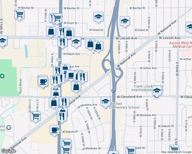 map of restaurants, bars, coffee shops, grocery stores, and more near 10150 West National Avenue in West Allis