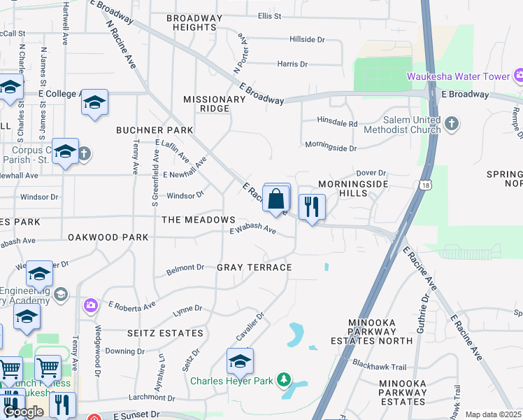 map of restaurants, bars, coffee shops, grocery stores, and more near 1427 East Racine Avenue in Waukesha