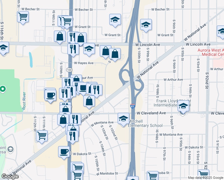 map of restaurants, bars, coffee shops, grocery stores, and more near 10150 West National Avenue in Milwaukee