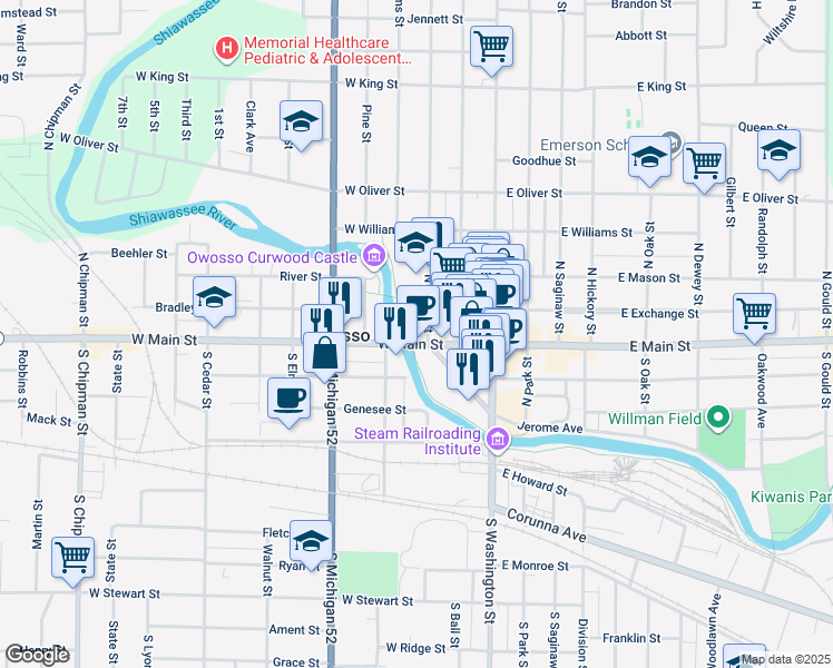 map of restaurants, bars, coffee shops, grocery stores, and more near 310 West Main Street in Owosso