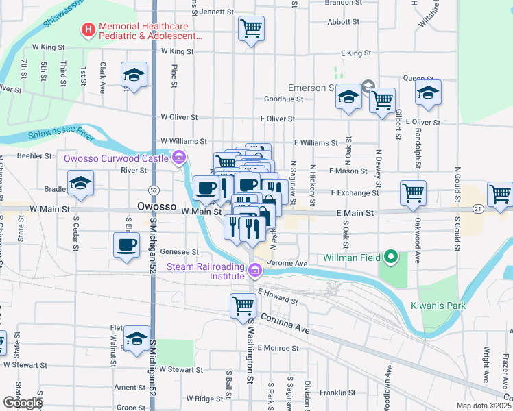 map of restaurants, bars, coffee shops, grocery stores, and more near 104 North Washington Street in Owosso