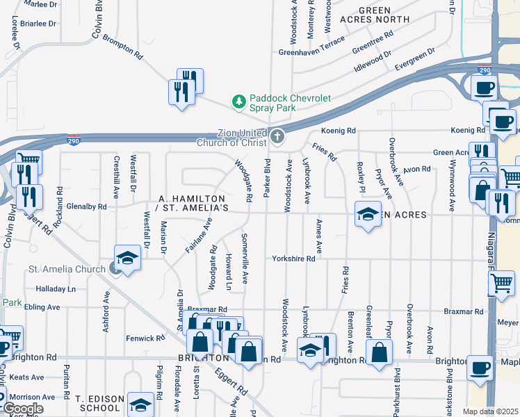 map of restaurants, bars, coffee shops, grocery stores, and more near 2140 Parker Boulevard in Tonawanda