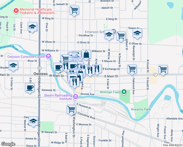 map of restaurants, bars, coffee shops, grocery stores, and more near 110 North Saginaw Street in Owosso