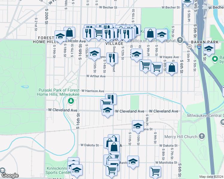 map of restaurants, bars, coffee shops, grocery stores, and more near 2561 South 13th Street in Milwaukee