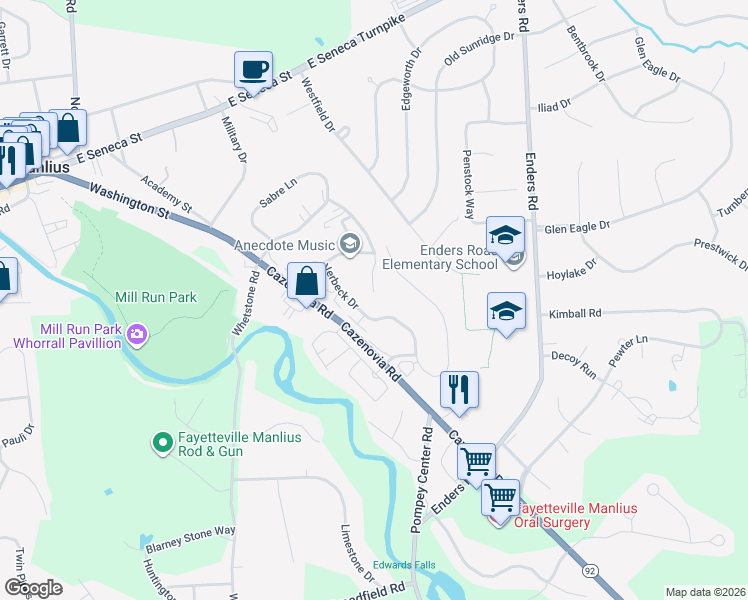 map of restaurants, bars, coffee shops, grocery stores, and more near 8121 Verbeck Drive in Manlius