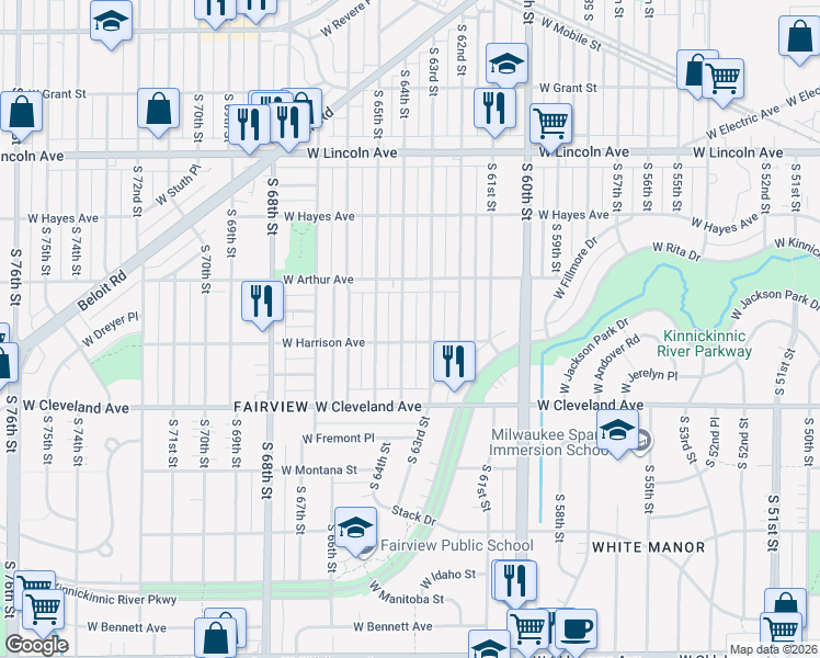 map of restaurants, bars, coffee shops, grocery stores, and more near 6302 West Harrison Avenue in Milwaukee