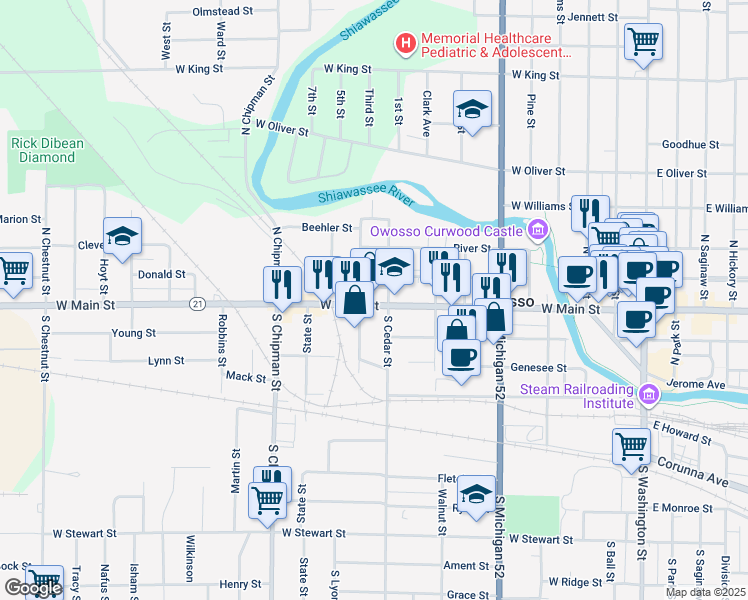 map of restaurants, bars, coffee shops, grocery stores, and more near 120 South Lansing Street in Owosso