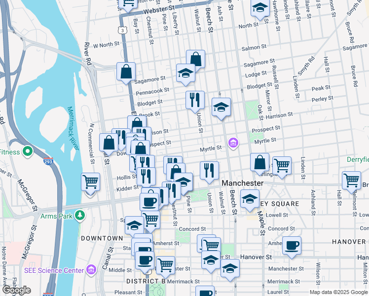 map of restaurants, bars, coffee shops, grocery stores, and more near 120 Myrtle Street in Manchester