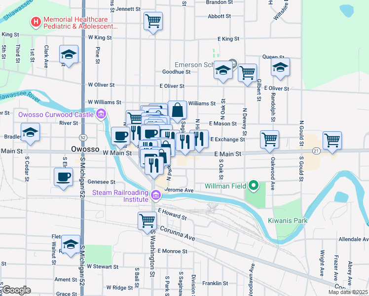 map of restaurants, bars, coffee shops, grocery stores, and more near 110 North Saginaw Street in Owosso