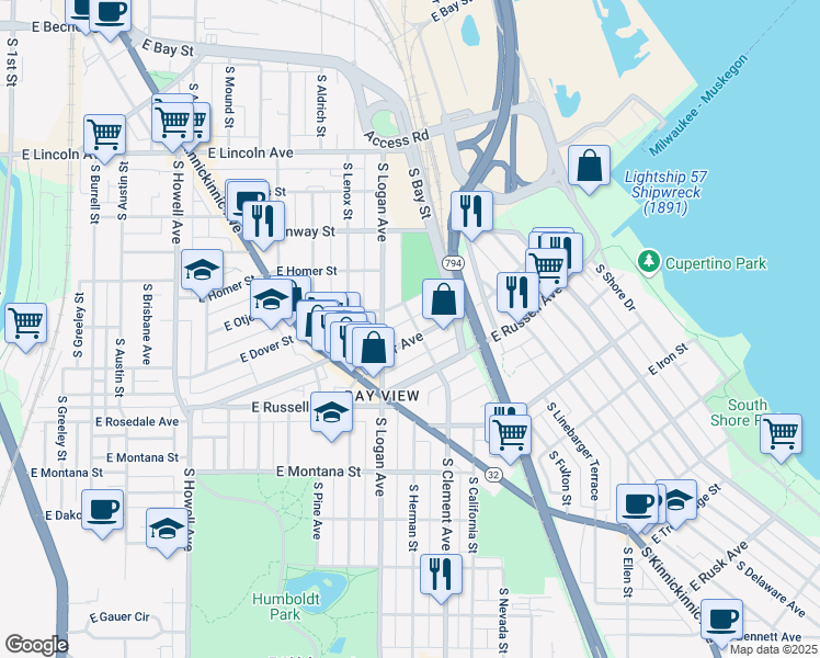 map of restaurants, bars, coffee shops, grocery stores, and more near 1043 East Potter Avenue in Milwaukee