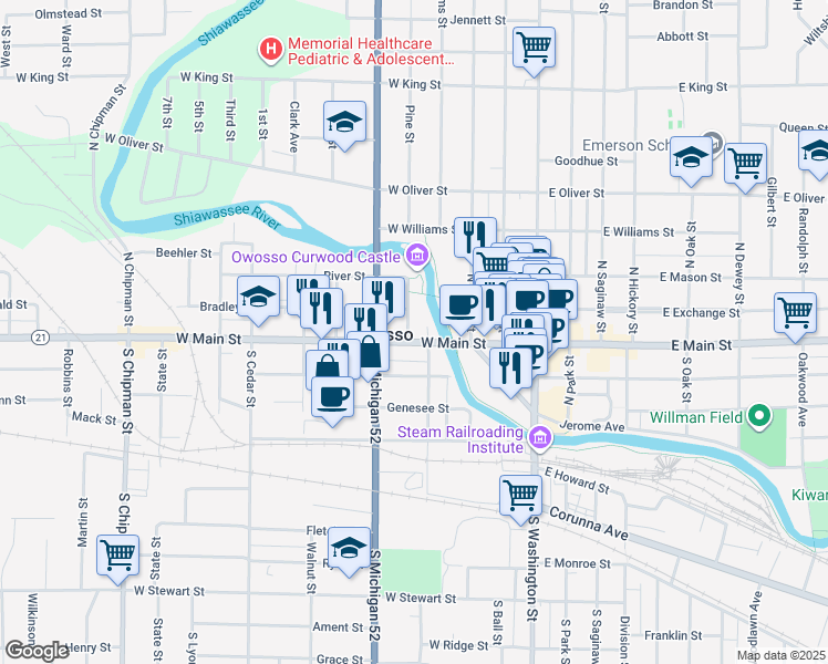 map of restaurants, bars, coffee shops, grocery stores, and more near 405 West Main Street in Owosso